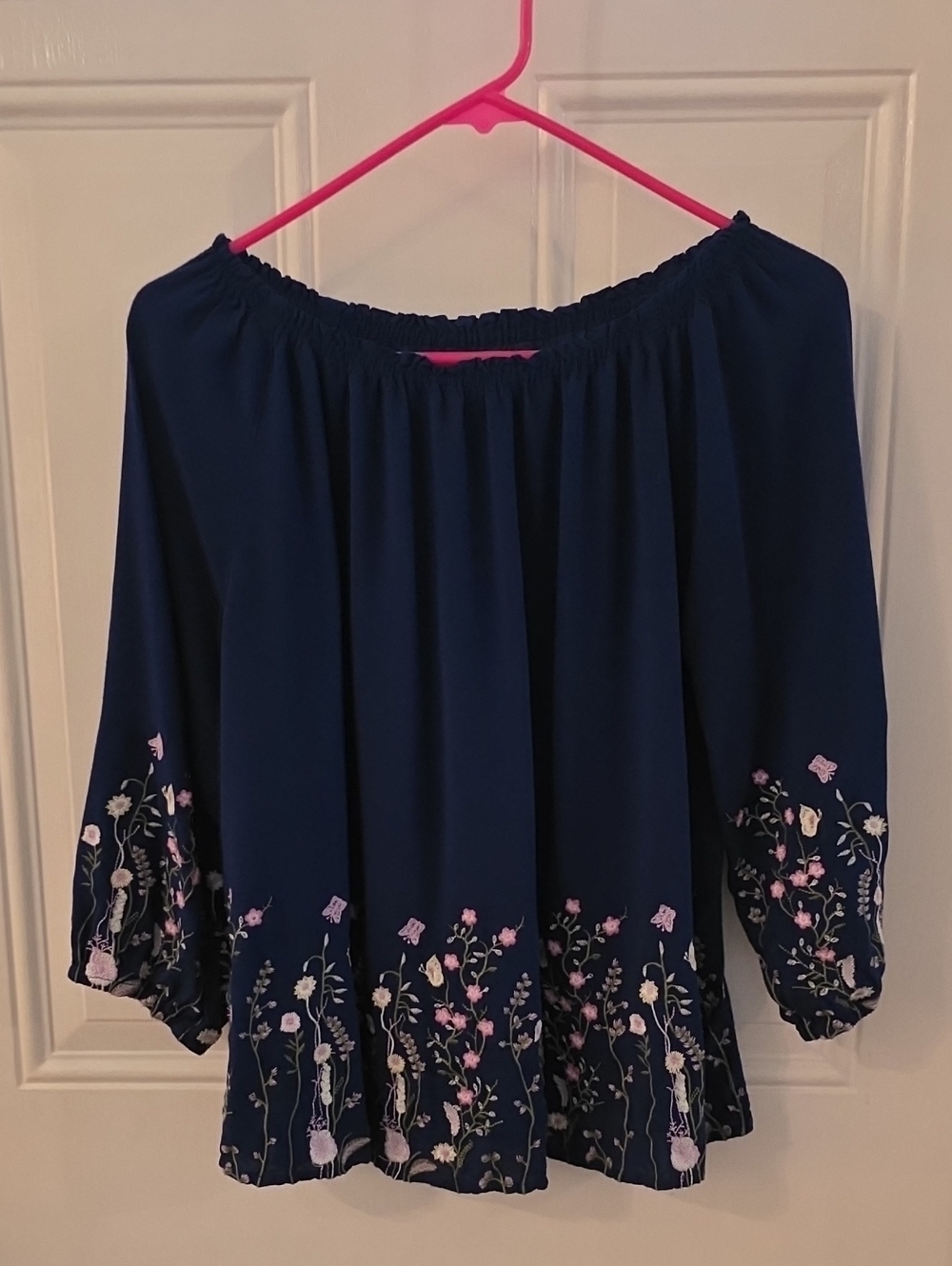 Francesca's Collections Navy Off-Shoulder Floral Tunic